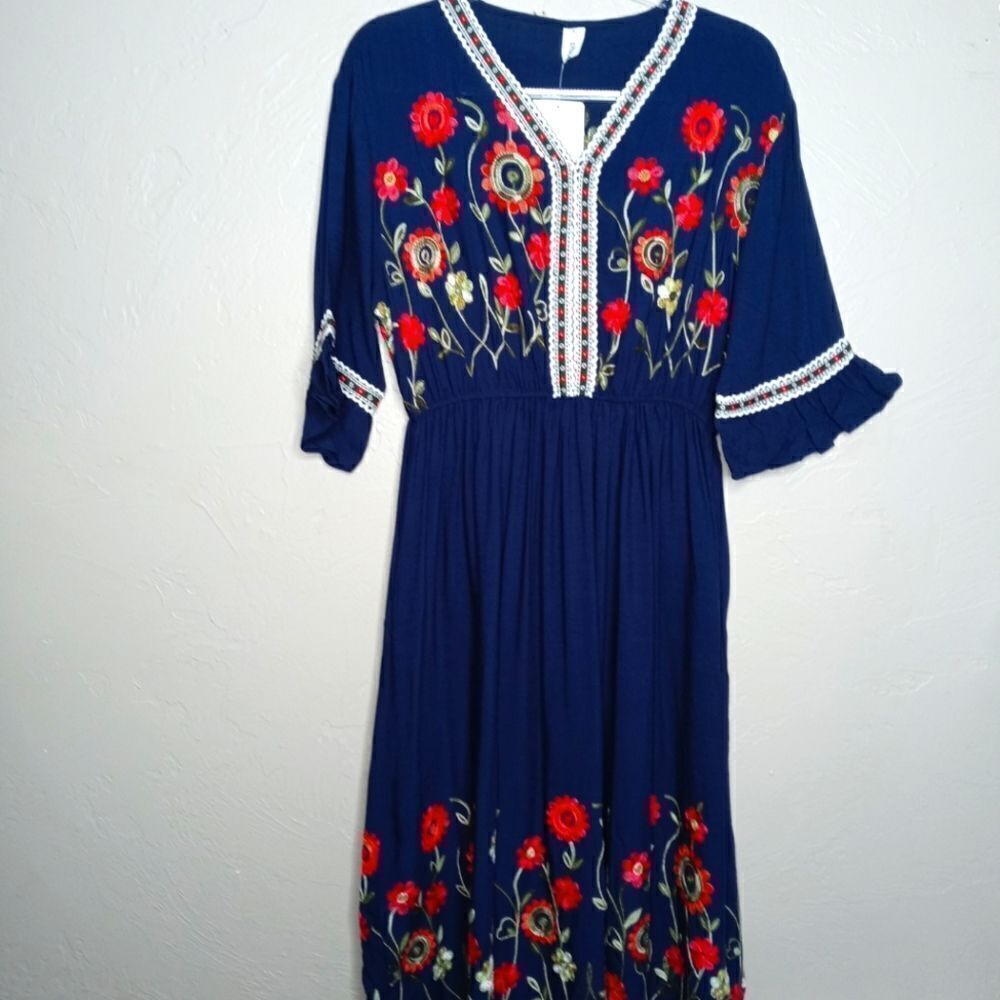 Shineflow Blue Embroidered Floral Dress